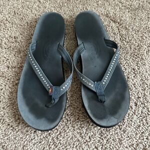 Rainbow Sandals Flip Flops W 6.5-7.5? Gray Rhinestone Leather Narrow Strap Thong